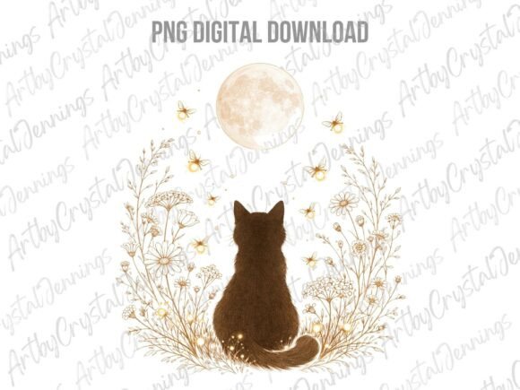 Download Celestial Mystic Cat &amp; Moon Floral PNG - Floral Collection