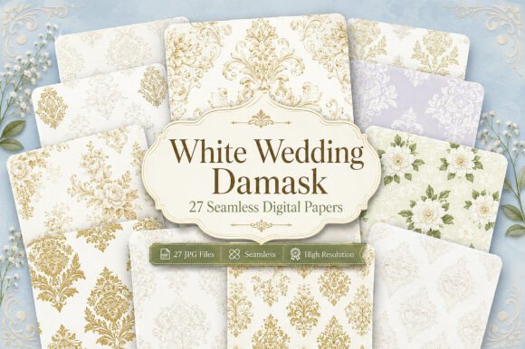 Download White Wedding Damask Digital Paper Bundl - Digital Collection
