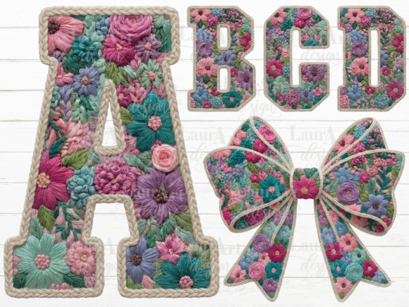 Download Faux Embroidery Floral Alphabet Bow PNG - Floral Collection