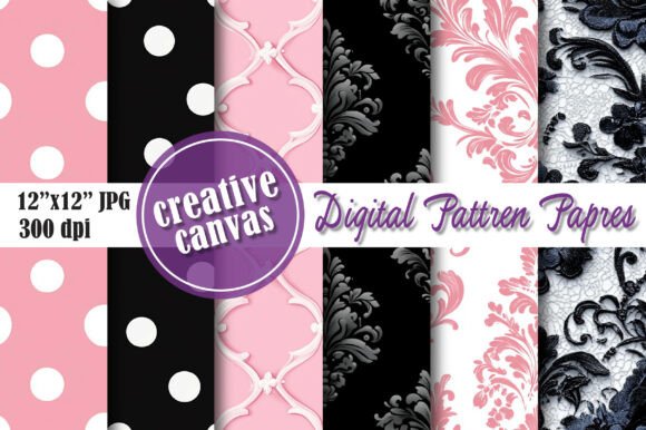 Download Pink Black Damask Digital Paper Bundle - Digital Collection